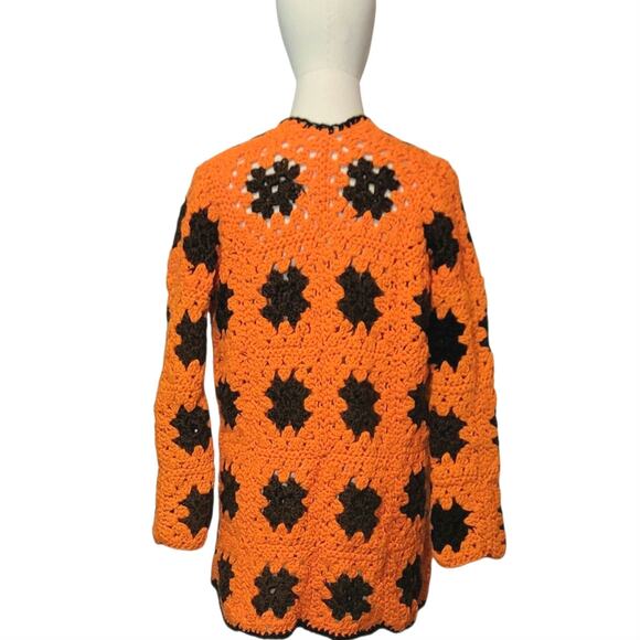 Crochet Flower Cardigan Retro Y2K Boho Sweater Orange Brown 70s Medium Large - Picture 11 of 12